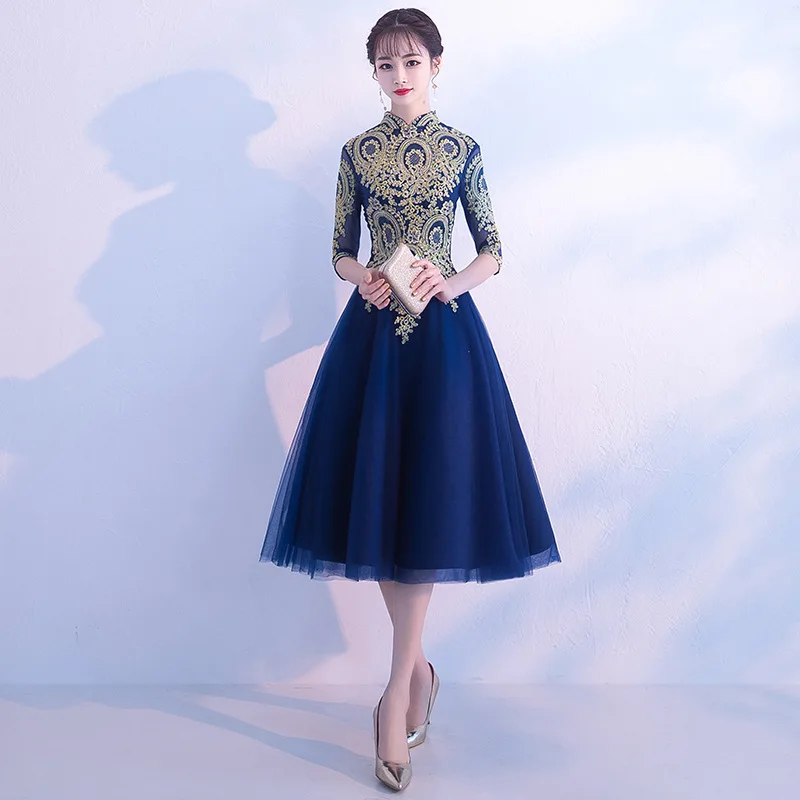 Темно-синий китайский Восточный Короткие вечерние Свадебное женское платье-Ципао, платье подружки невесты, элегантное вечернее платье
