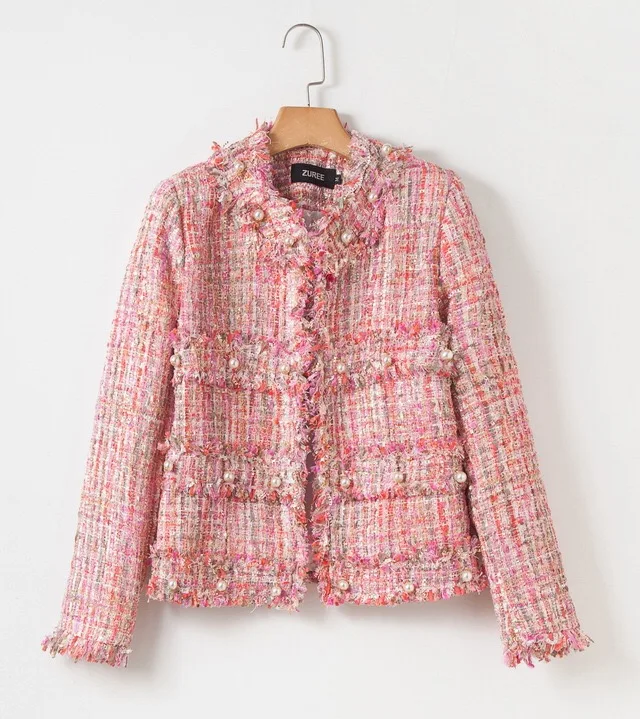 2019 Autumn Winter Gloria&ampGrace Pink Elegant Tweed Classic Chan Vintage Office Lady Pearl Tassel Jacket Coat Haute Couture | Женская
