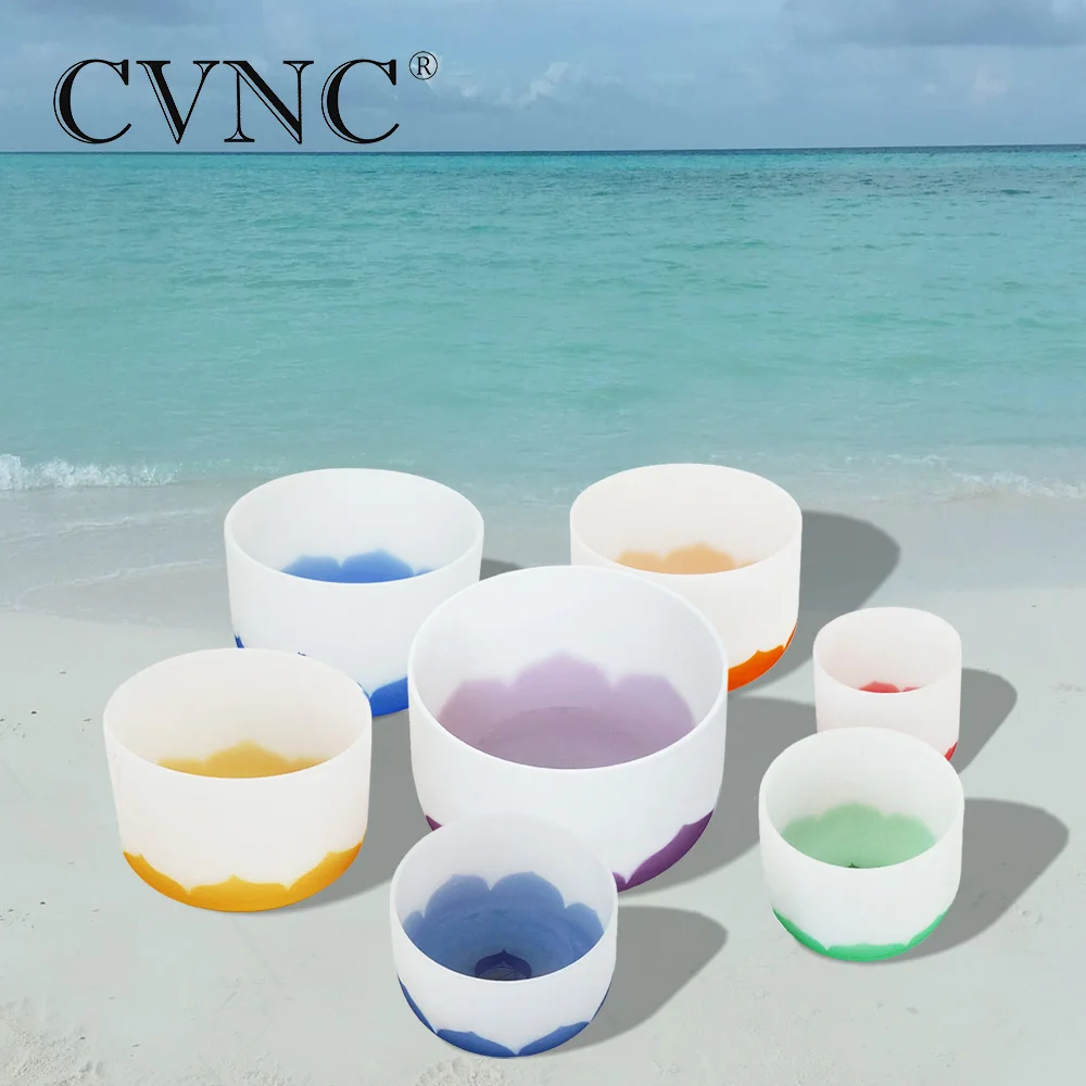 

Set of 7 pcs Note CDEFGAB Frosted Quartz Crystal Singing Bowl with lotus and chakra design