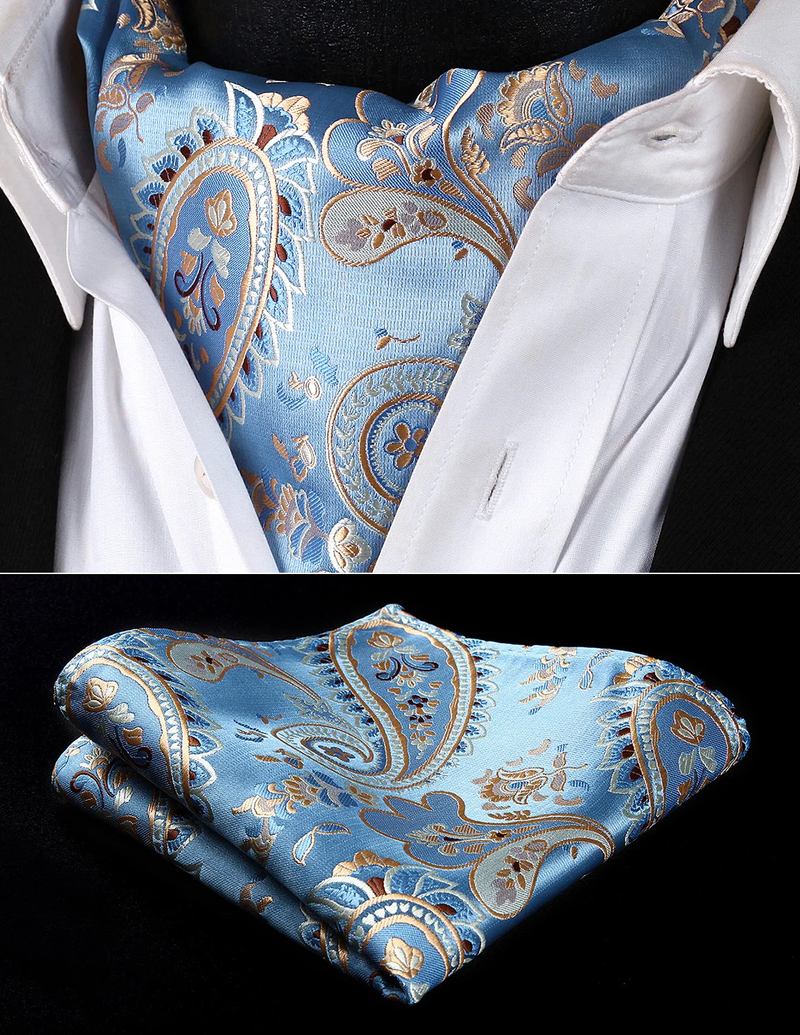 RP928BS Blue Gold Paisley Men Silk Cravat Scarves Ascot Tie