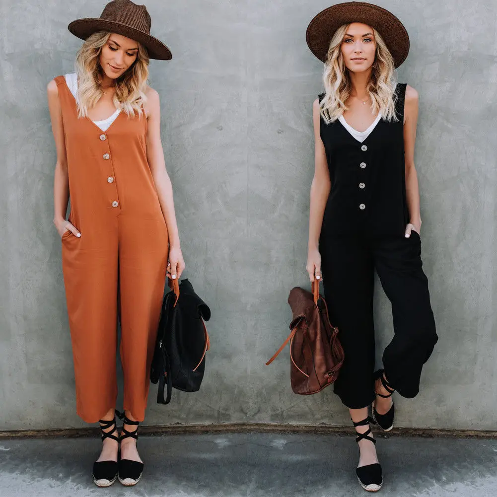 New Fashion Women Ladies V neck Loose Jumpsuit Romper Long Trousers Casual Sleeveless Solid