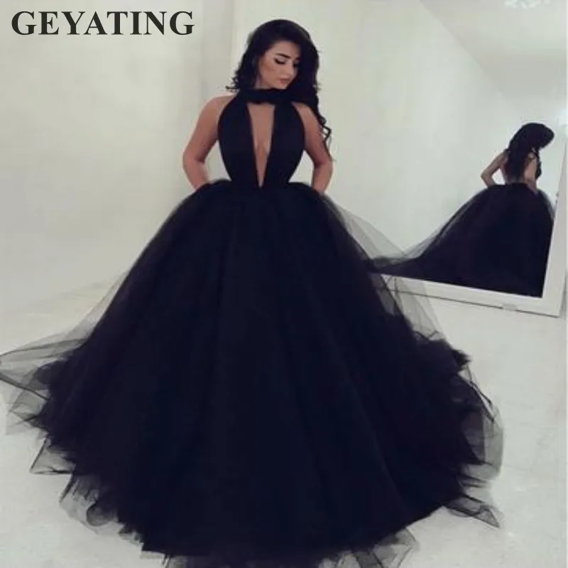 

Sexy Black Tulle Long Evening Dress 2019 Backless Halter Princess Prom Ball Gowns Vestidos elegante Purple Red Formal Dresses