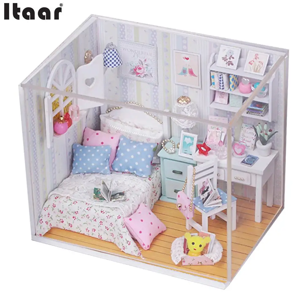 Kits Diy Wood Doll House Bed Miniature With Led Furniture Cover
