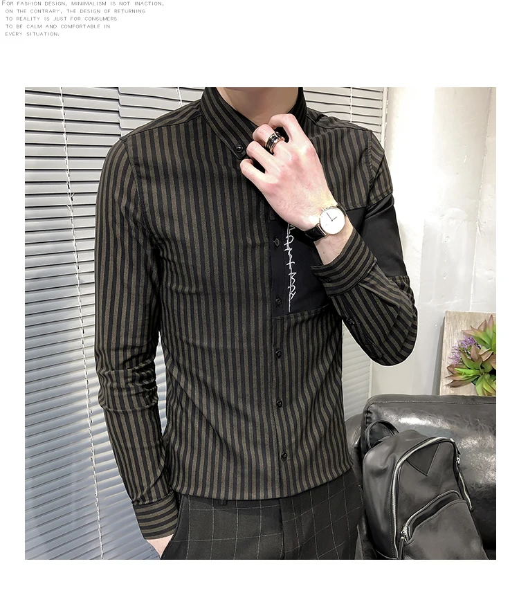 Camisa 2019 Весна Новая мода прилив уличная человек самовыращивание в полоску Правописание материал мужской рубашки социальной masculina черный