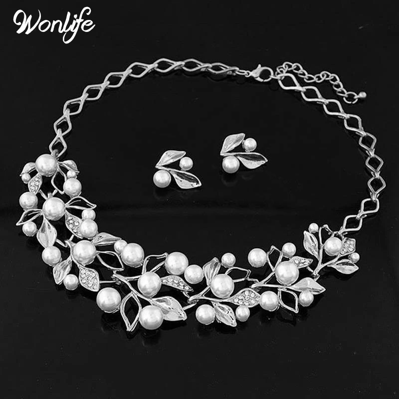 Wonlife Elegant Women Crystal Pearl Jewelry Set New Costume Simulated