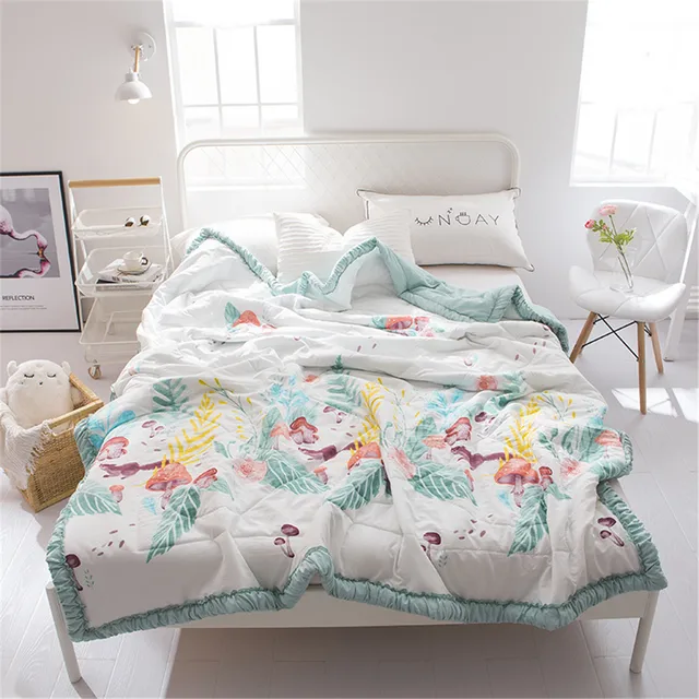 Us 43 0 New Cartoon Printed Blue White Flower Leaf Mushroom Bedding Cool Summer Thin Quilt Patchwork Blanket Girl Decorate Bedroom In Quilts