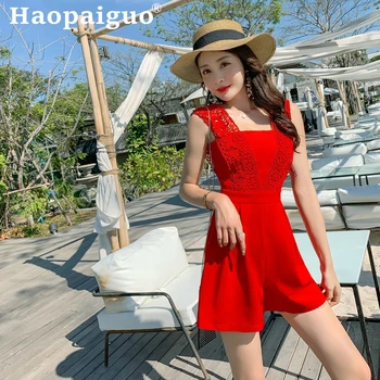 

Sexy Lace Patchwork Short Sleeve Shorts Bodysuit Playsuit Casual Red Women Summer Jumpsuit 2019 Casual Shorts Rompers Plus Size
