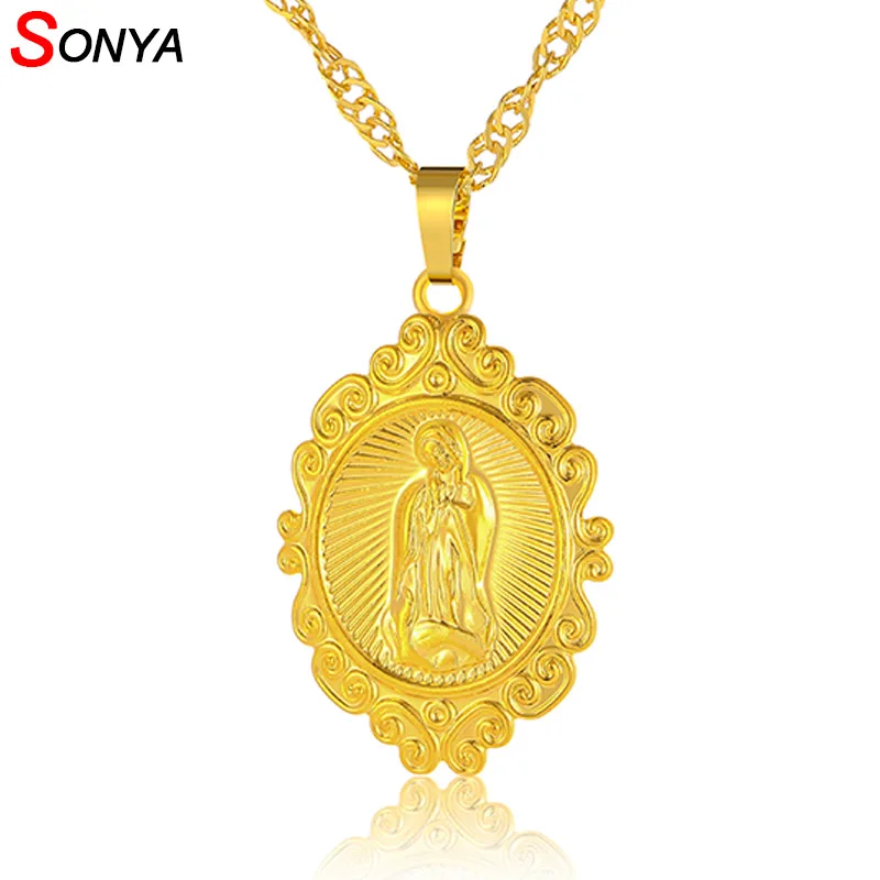 

SONYA Wholesale Lucky Gold Color Virgin Mary Pendants Necklaces Chain Women,Christianity Jewelry Our Lady Goddess