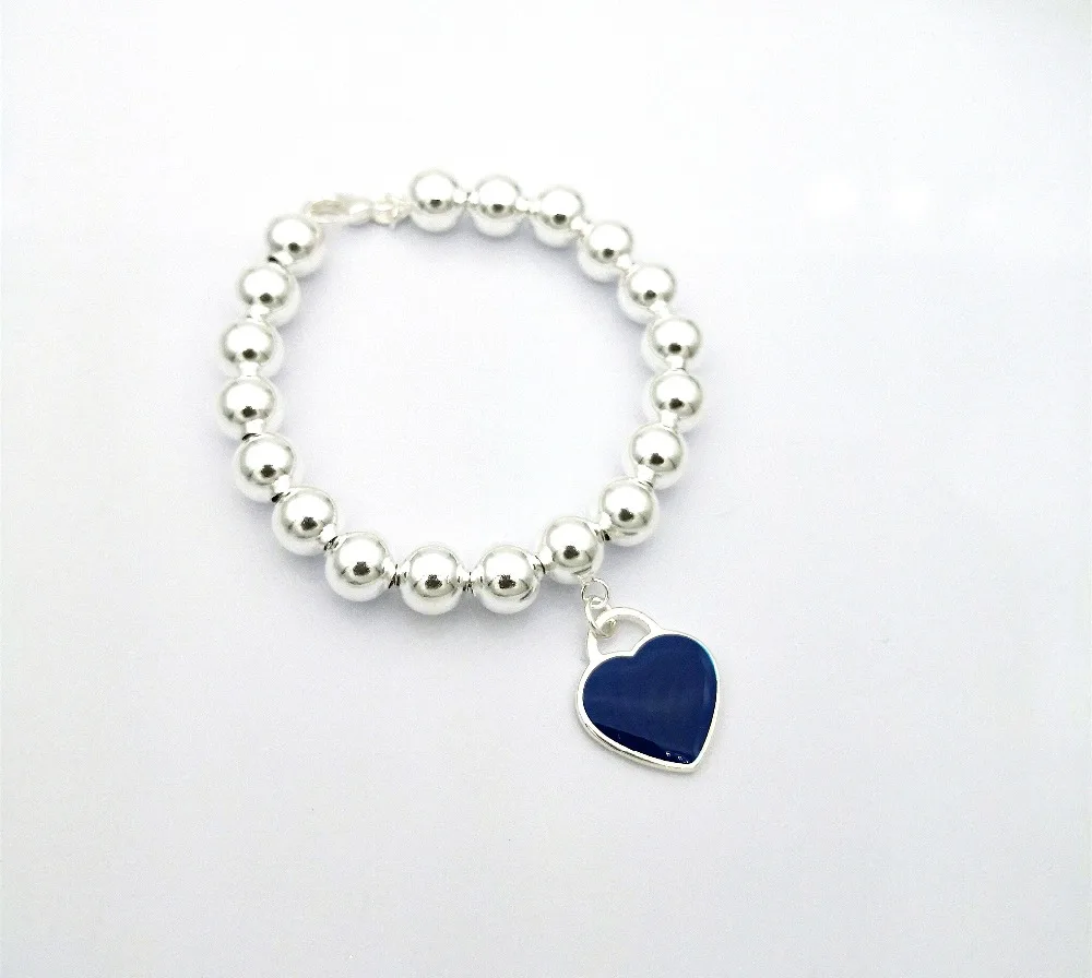 

TIFF100%925 sterling silver classic heart-shaped logo dark blue enamel round pearl beads bracelet lady fashion jewelry gifts