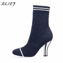 RLINF/ г.; сезон весна-осень; модные Стрейчевые ботинки; женские ботильоны на высоком каблуке без застежки; большие размеры; квадратный каблук