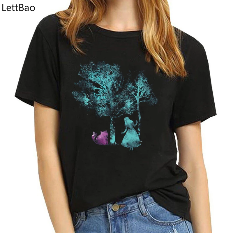 

camisas mujer 2019 plus size Alice in Wonderland Cheshire Crazy Cat We're All Mad Here women Tshirt femme summer top New Arrival