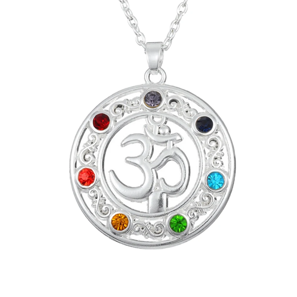 Colorful Rhinestone Om Aum Symbol Pendant Hindu Yoga Necklace Men Women