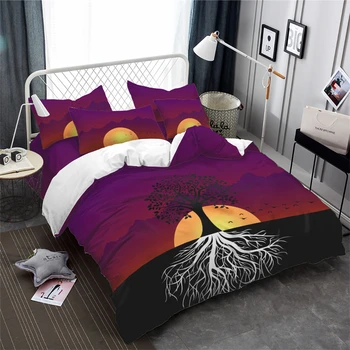 

3Pcs Cartoon Bedding Set Artistic Tree Sunset Print Duvet Cover Set Romantic Natural Scenery Bedclothes King Queen Pillowcase