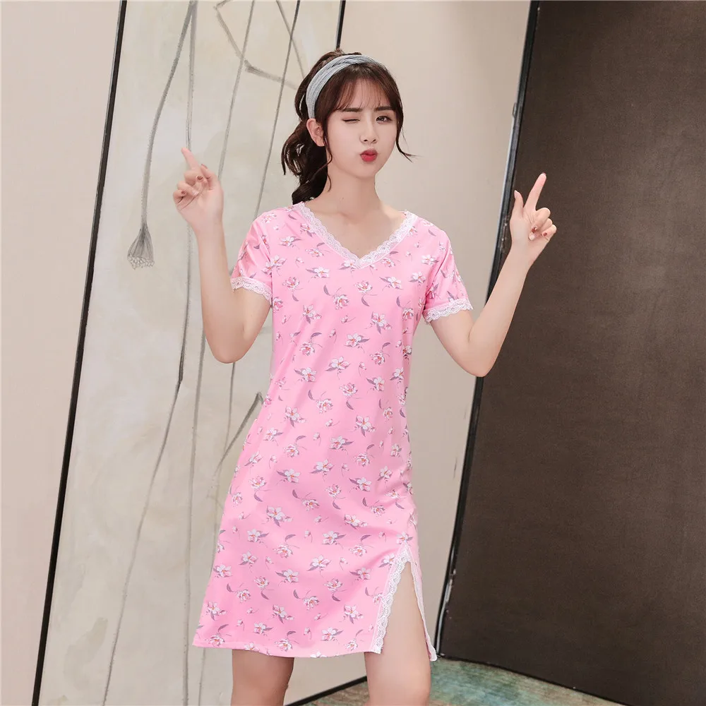 

Casual Girls Nightgown V-neck Women Sleepwear Striped Nightwear Lace Night Gown
