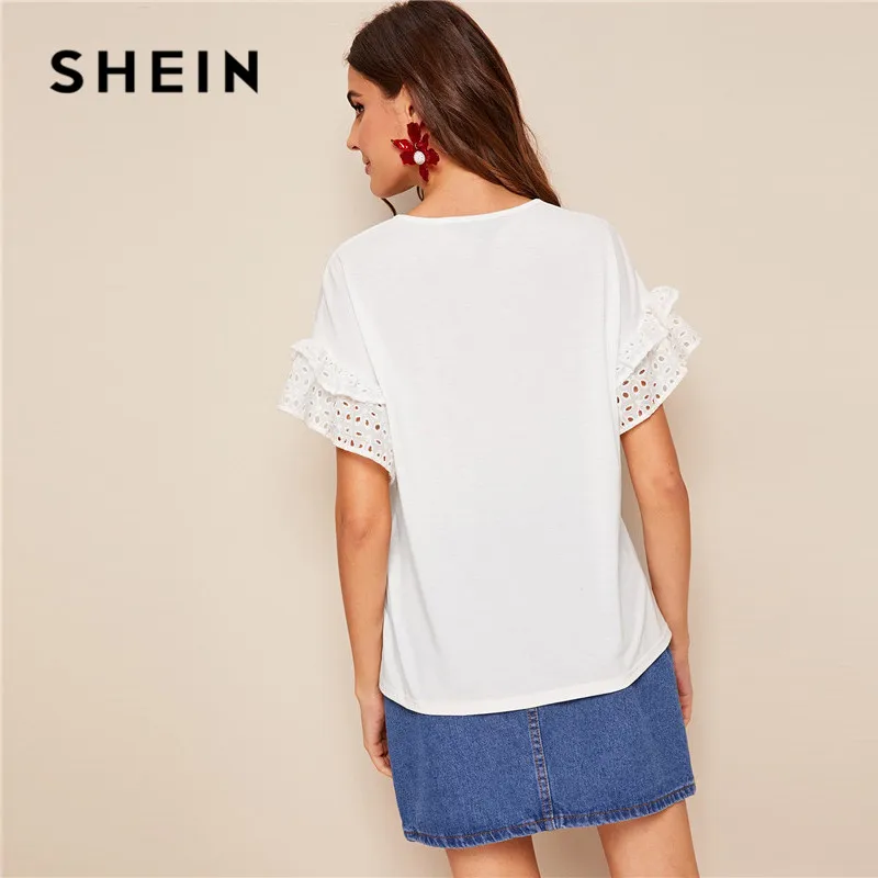 Женская футболка с оборками SHEIN белая однотонная короткими рукавами круглым
