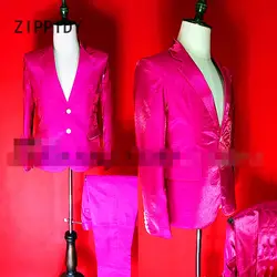 Новый High-End Светоотражающие розовый или Голубой атласной Для мужчин пиджак и брюки ночной клуб бар DJ певец шоу на сцене наряд костюм