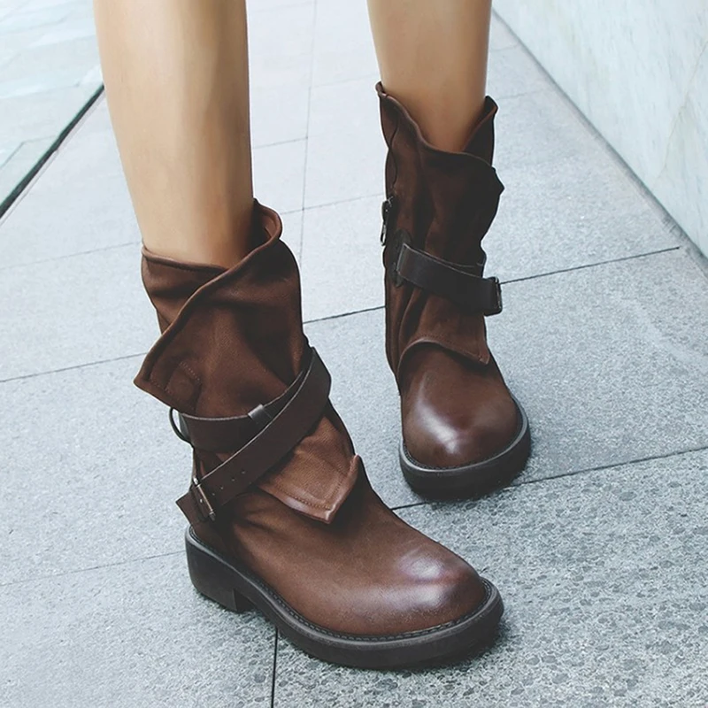 

Fashion Medium Military Boots Women Buckle Artificial Leather Patchwork Shoes sapatos mulheres conforto Female Mid Calf Boots