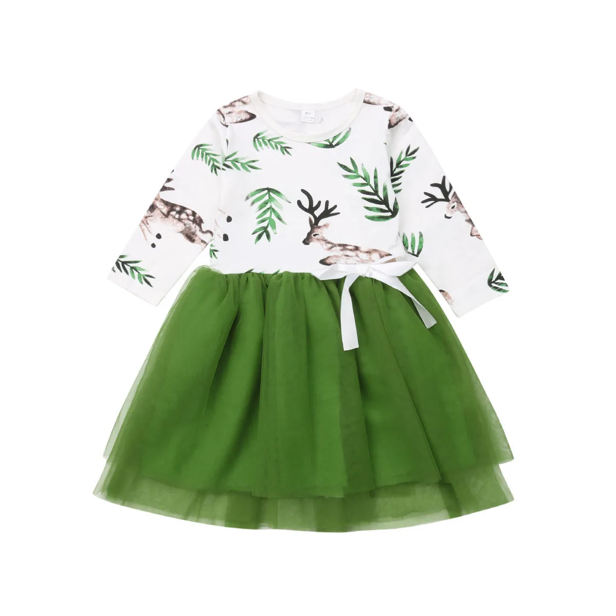 Christmas Kids Girls Dress Deer Tutu Party Dresses Girls Long Sleeve Bow Floral Tulle Dress Casual Cotton Clothes 2-7