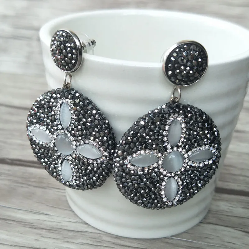 

1 Pair natural druzy druse Stone dangle Earrings,handmade Drop opal Earrings Pave Crystal Rhinestone round Charm Jewelry ER324
