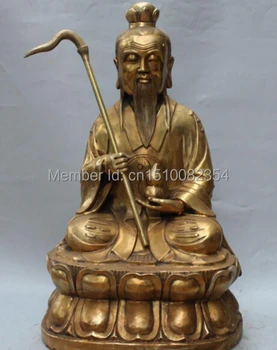 

22" Chinese Bronze The Lord Lao Zi Jun gourd Whip in hand Buddha Seat Statue