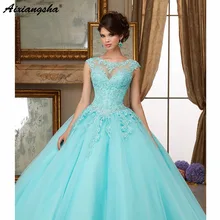 Бирюзовые пышные Дешевые Бальные платья бальное платье с цельнокроеным рукавом тюлевые аппликации кружево кристаллы Сладкий 16 платья