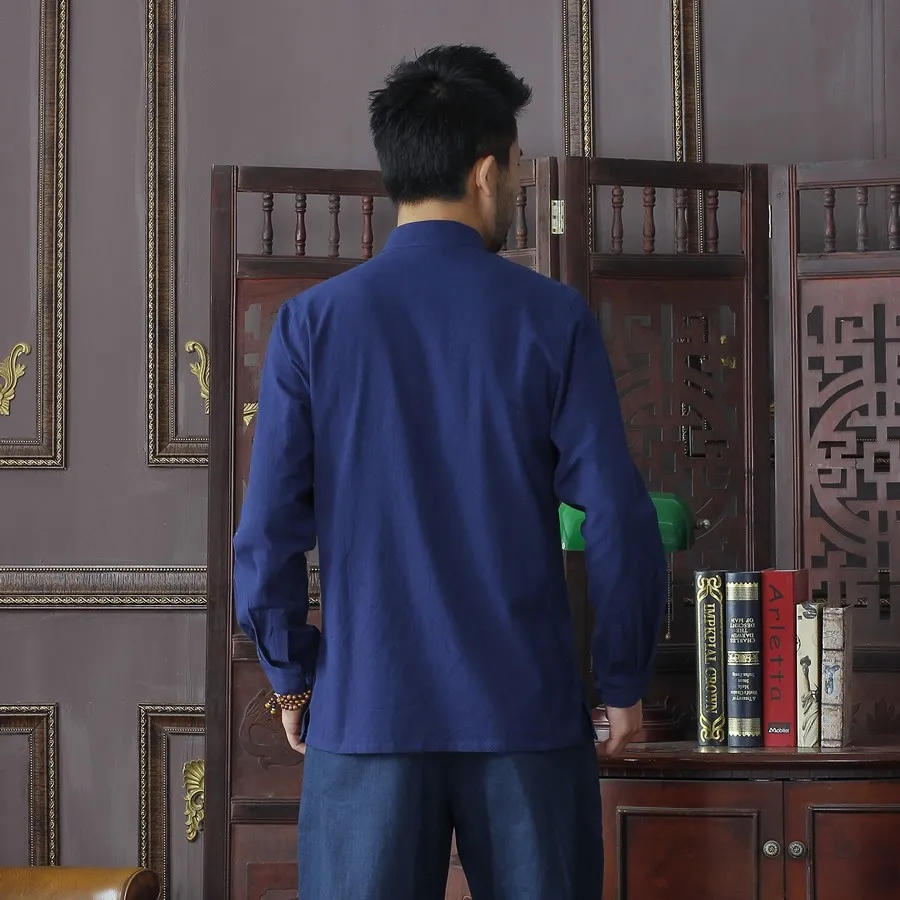 Новые летние темно-синий китайский традиционный Для мужчин с воротником «Мандарин», однотонные хлопковые футболки с длинными рукавами, рисунком «кунг-фу Рубашка Пальто M L XL XXL XXXL D01