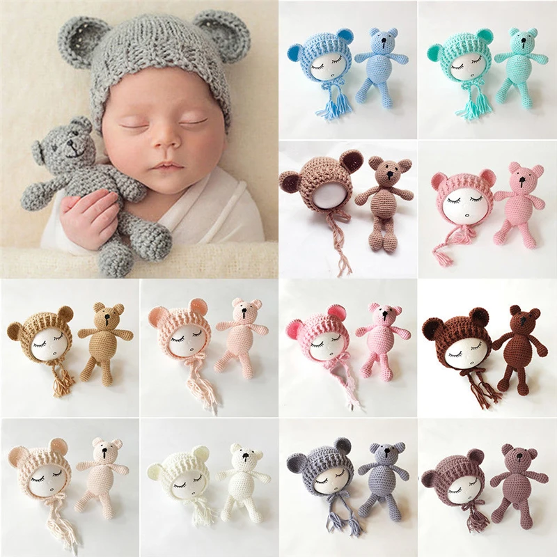 2019 New Knit Beanie Cap+ Bear Toy Newborn Baby Toddler infant Bear Photo Prop Photography Baby Knitted Cap