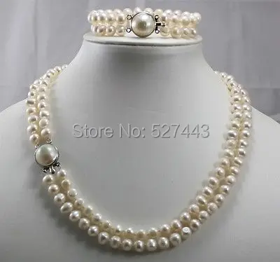 

Wholesale free shipping >>>>>2 row cultured 7-8mm white/black pearl shell clasp necklace bracelet set