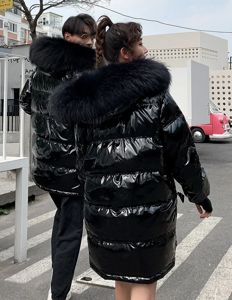 Водонепроницаемые глянцевые кожаные пуховики женские зимние куртки теплая парка для влюбленных зимняя одежда с воротником из меха енота длинное пальто для женщин s
