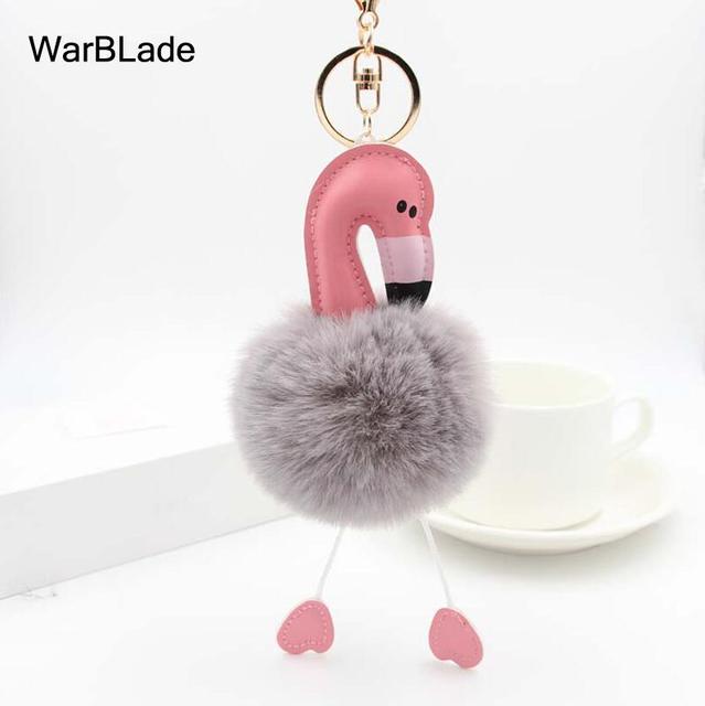 New Flamingo Pompom Keychain Fluffy Fake Rabbit Fur Ball Key Chain Porte clef Women Car Bag pompon Key Ring Accessories