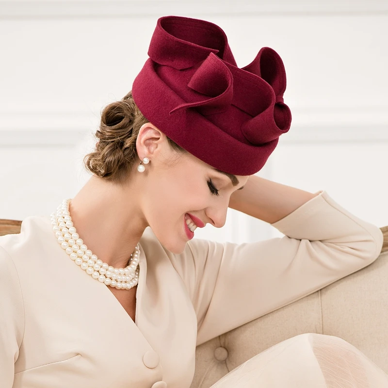 Lady New Autumn Wool Cap Female Nobles Fedoras Hat Pure Wool Vintage Wine Red Hat Small British Banquet Party Cap B-4788