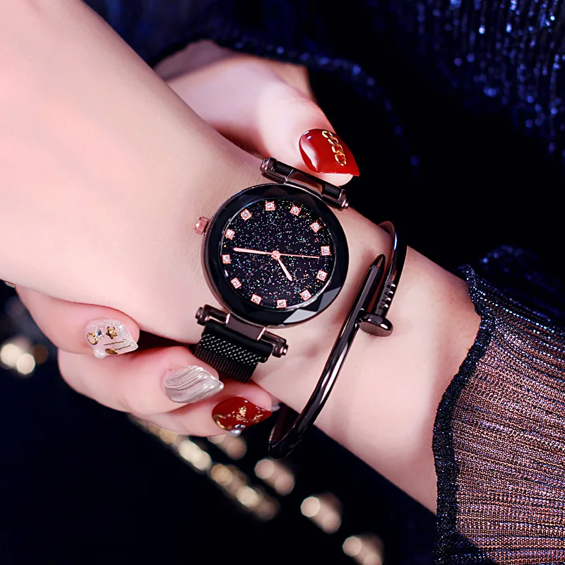 

New Luxury Female Watch Magnet Stainless Steel Mesh Strap Women Quartz Watches Fashion Starry Sky Dial Ladies Clock 100pcs/lot