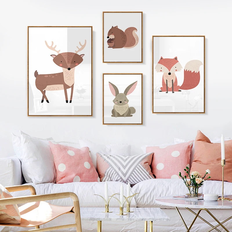Baby Animal Owl Fox Deer Squirrel Wall Art Canvas Painting Nursery Nordic Posters and Prints Decorative Picture Kids Room Decor