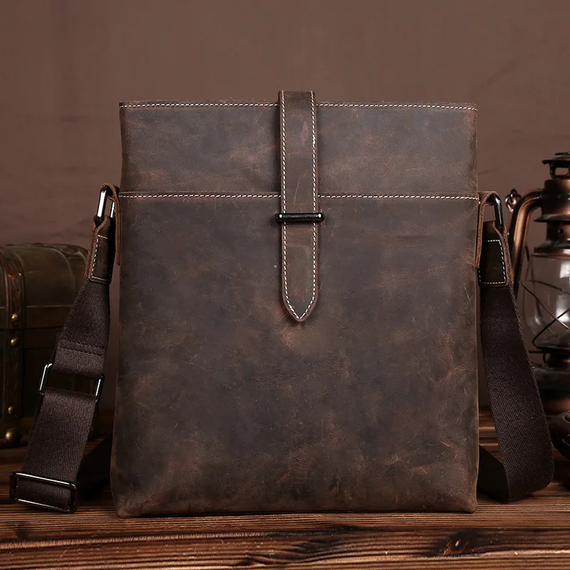

Men's Shoulder Bag Genuine Leather Male Messenger Bag Crazy Horse Cowhide Crossbody Ipad Sling Bag Casual Business Travel Gift