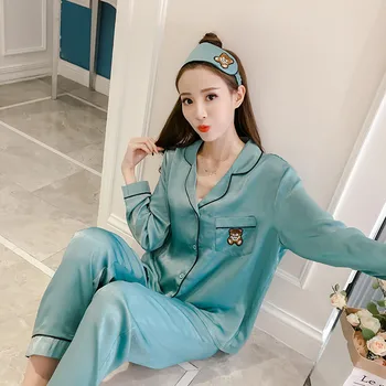 

2018 Spring Autumn New Arrival Women Satin Pajama Sets Long Sleeve Sleepwear Set Two-pieces Big Size V-neck Breathable Pyjamas