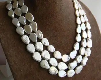 

Beautiful 3row 18" 13mmx17 mm White Baroque Coin Freshwater Pearl Necklace