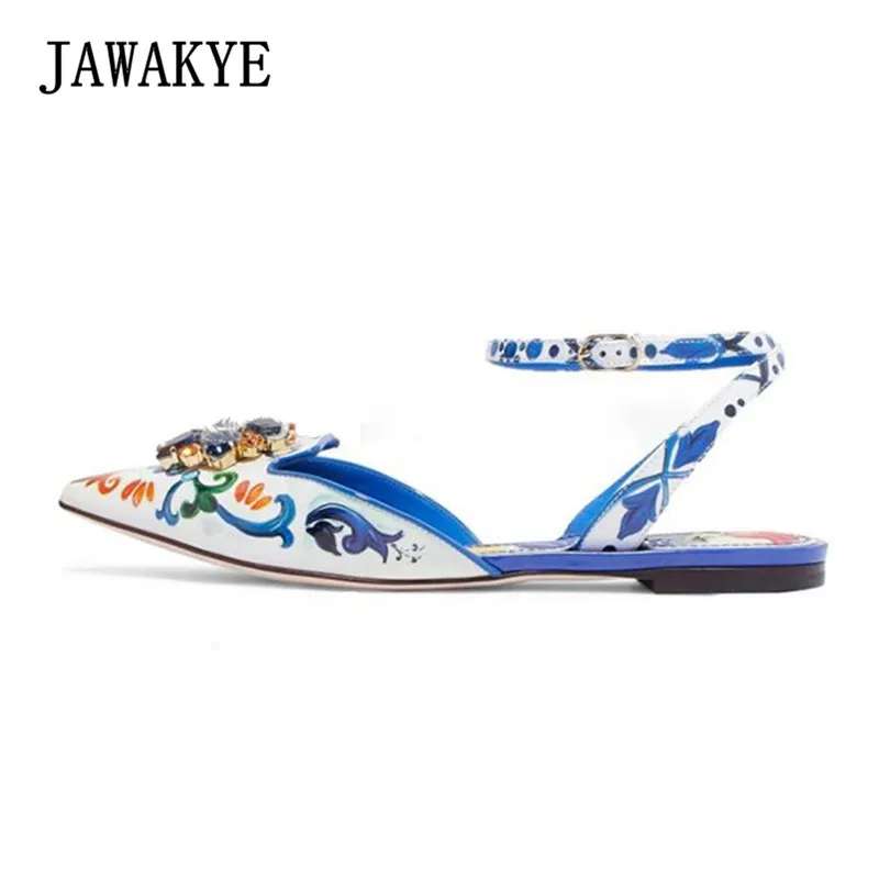 2019 Pointed Toe Floral Printing Blue Leather Flats Ankle Strap Slingbacks Crystal Gemstone Lady Vacation Shoes