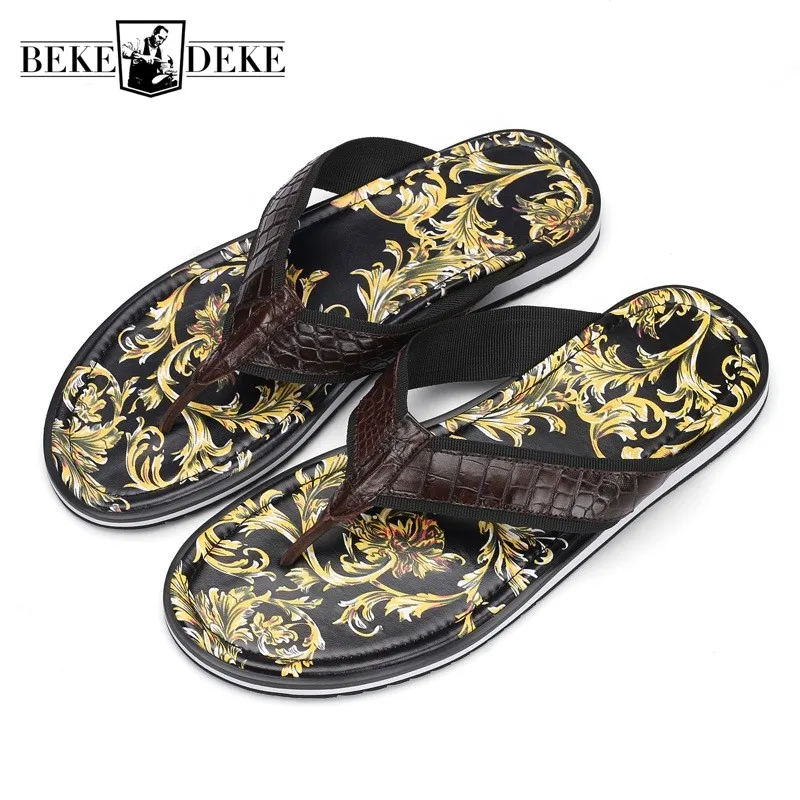 

Brand Outdoor Beach Flip Flops Men Top Quality Printed Designer Indoor Slippers Fashion Crocodile Leather Sandals Gladiators