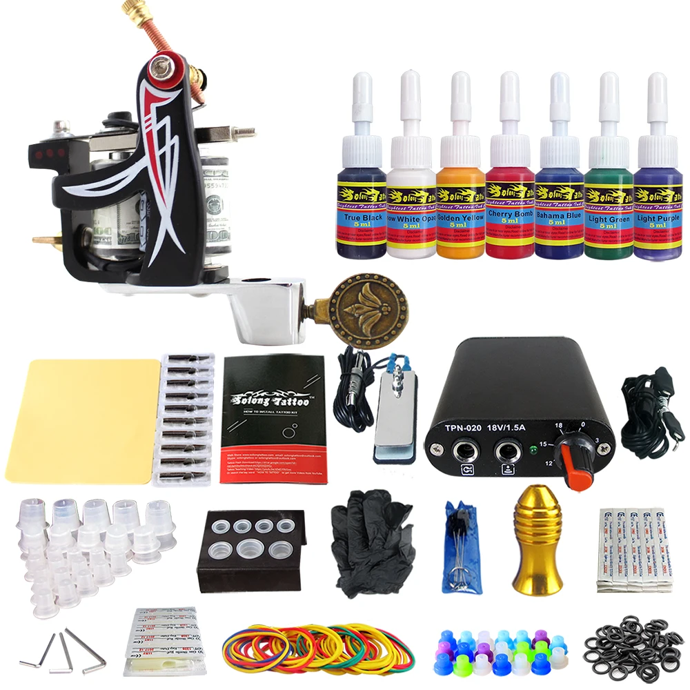 

Solong Tattoo Complete Beginner Tattoo Kit 1 machine Gun 7 Color Inks Power Supply Grips Foot Petal Needles Set TK105-19