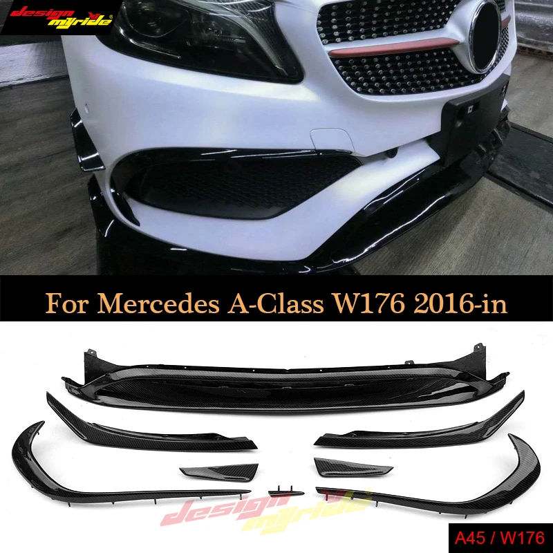 8Pcs//Set Black Front Lip with Canards Splitter for Mercedes A W176 A45 AMG 16-18