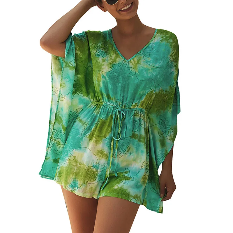 Зеленый Женская мода Boho Повседневный краситель печати короткий рукав комбинезон сексуальные костюмы для девушек, цельный v-образный вырез короткий комбинезон плейсьют для лета - Цвет: Зеленый