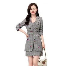 Модные весенне-осенние клетчатые модные куртки с капюшоном с вышивкой Для женщин платье без рукавов+ повседневное, средней длины embroidsuit комплект из двух предметов