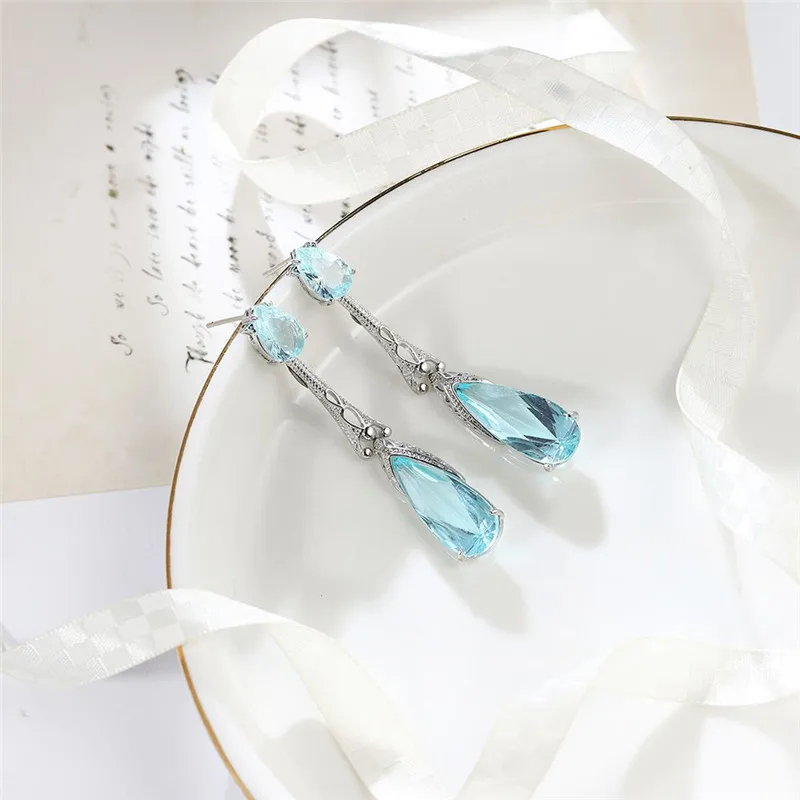 Корейская мода, длинные синие серьги в форме капли воды с фианитами для женщин, женские серьги, Роскошный Серебряный Кристальный подарочный набор украшений для ушей Z5T042