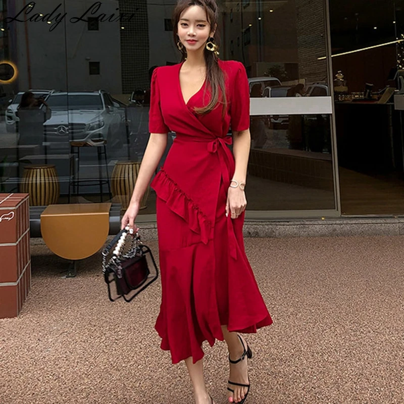 

2019 Women Solid Ruffles A-Line Dress Summer Female V-Neck Elegant Party Dress Ladies Vintage Slim Mid-Calf Dresses Vestidos