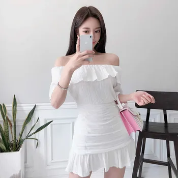 

Slash Neck White Blouse and Ruffles Wrap Mini Skirt Black Women 2 Piece Set Plus Size Clothes Solid Summer Sexy Two Piece Set