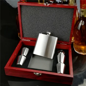 

50set wooden stainless steel hip flask 6oz with 4 cups set logo Free engraved