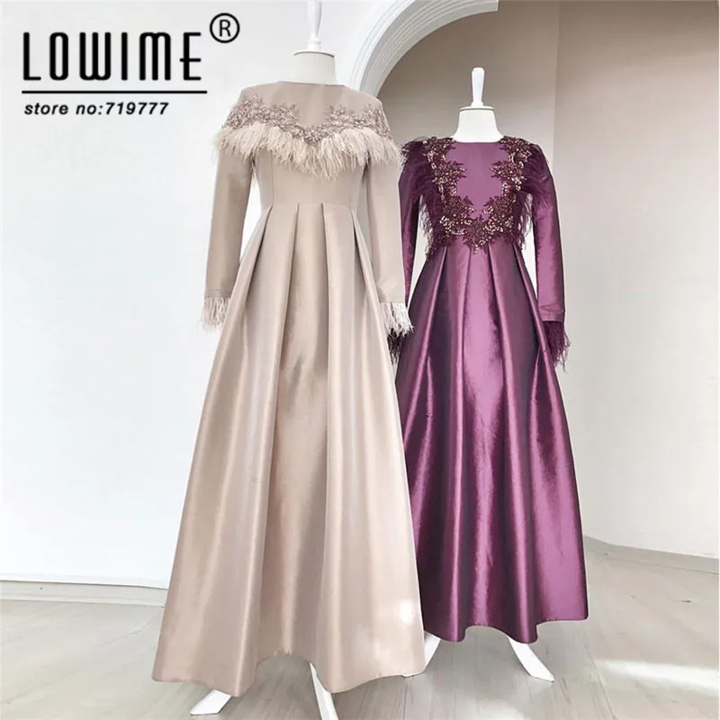 

Saudi Arabia Women Dresses Abaya Feather Muslim Evening Dress Hijab Beaded Applique Formal Party Gowns Vestido De Festa 2018