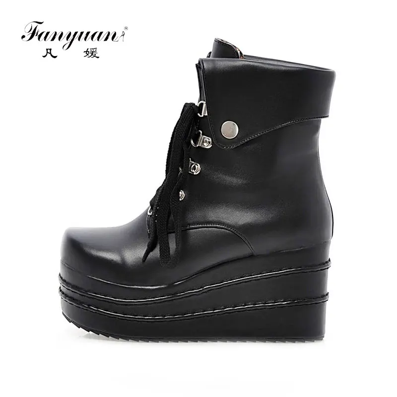 

fanyuan lace up Boots Fashion Wedges high Heel Ankle Boots Women High Heels Autumn Winter Woman Shoes punk boots platform shoes