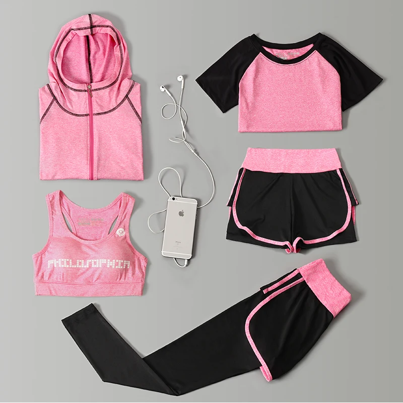 

Women Outdoor Running Sport Clothing Quick Dry Shorts Tracksuit Women Gym Yoga Bra Leggings Pants Fitness T shirt 5 Piece Set