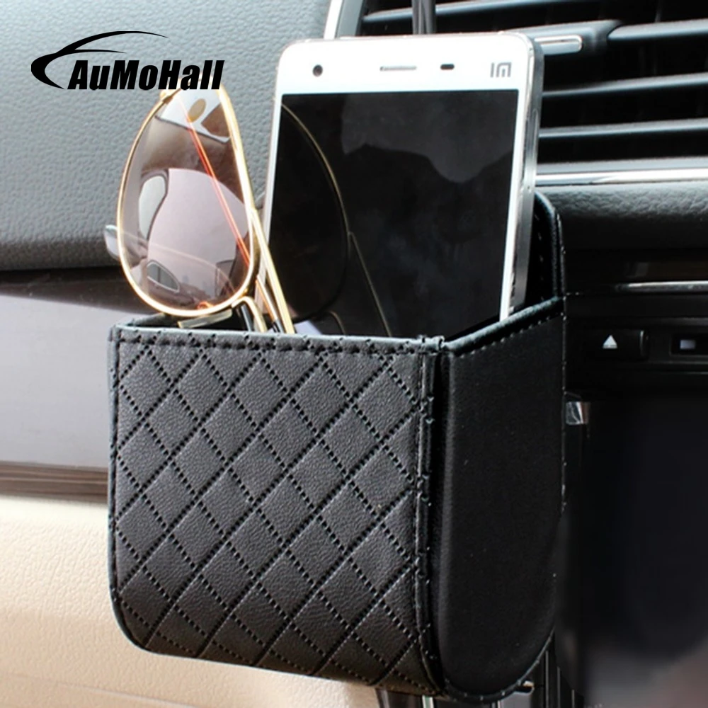 

Aumohall PU Leather Car Outlet Air Vent Trash Box Mobile Phone Holder Pouch Organizer Hanging Box for Car Supplies Car Styling